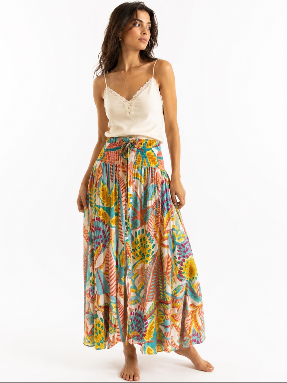 Christian Siriano Tropical Floral Maxi Skirt in Yellow, Teal, Pink Size XL